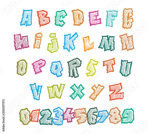 Colorful Sketch Outline Alphabet and Numbers Set Hand Drawn Letters A to Z 0 to 9 Collection Isolated Png Transparent Background