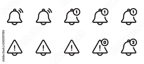 Notification line icon set. bell, message, mail, alarm, clock, alert, email, and time symbols.