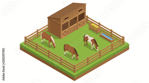 A quaint scene of a horse stable featuring tranquil horses in a fenced area, illustrating the beauty of rural life and animal companionship.