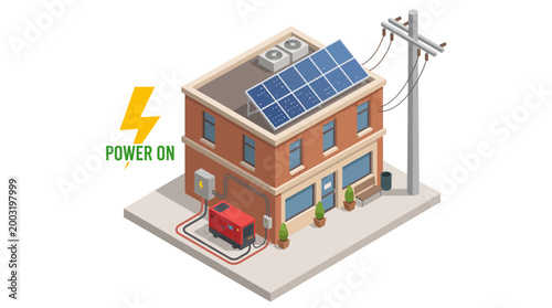 An illustration depicting a home powered by solar energy, complete with solar panels and backup generators, showcasing sustainability and innovation in residential energy solutions.