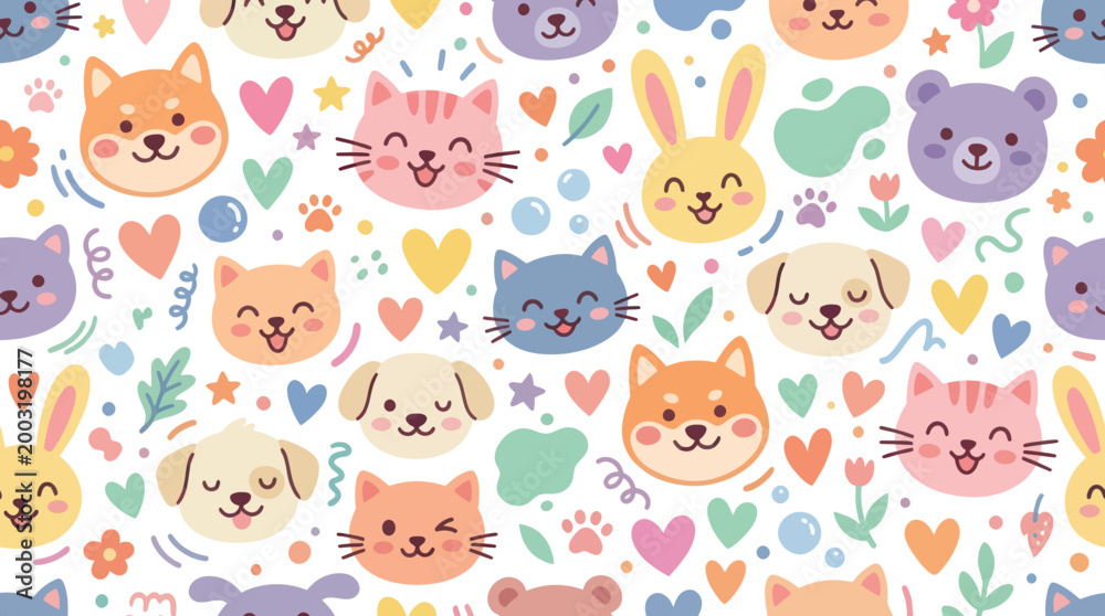 Fototapeta premium Cute Kawaii Animals Pattern: Dogs, Cats, Bears, Rabbits, Flat Vector