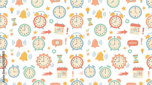 Productivity Time Management Flat Cartoon Seamless Pattern with Clocks, Calendars and Urgency Symbols