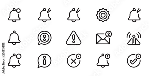 Notification icons collection bell envelope warning alert message symbols on transparent background.