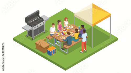 This vibrant illustration depicts a joyful outdoor picnic scene, showcasing a group of people enjoying food together under a canopy, designed for social and leisure activities.