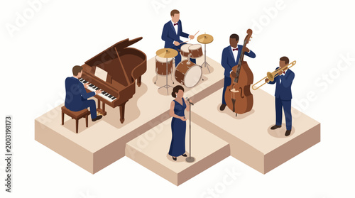 An artistic representation of a jazz band performing live on stage, showcasing the vibrant energy of music through a piano, drums, and talented musicians in formal attire.