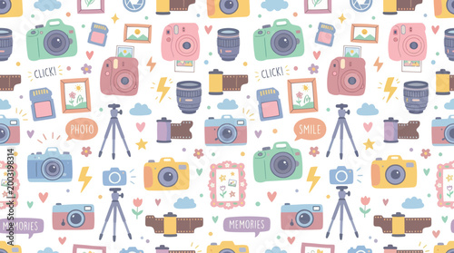Cute Cartoon Seamless Pattern with Cameras, Tripods, Film Rolls, and Memory Cards