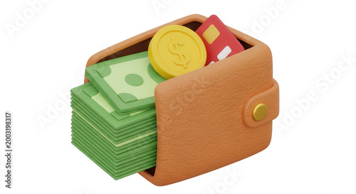Charming 3D icon of a playful wallet filled with cash, a credit card, and a gold coin on a transparent background