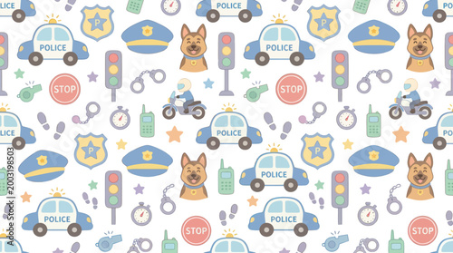 Cute Flat Cartoon Law Enforcement Police Objects Seamless Pattern Vector Background for Kids
