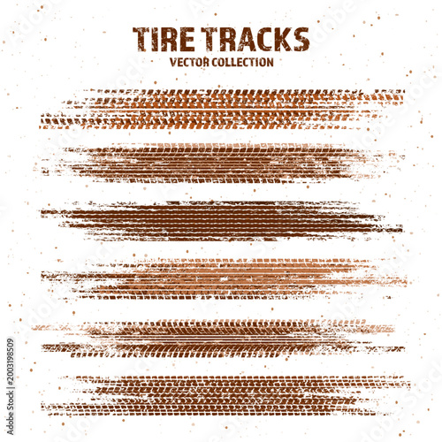 Grunge tire tracks with mud splatters, dirty wheel braking marks. Truck, car, or motorcycle tread pattern silhouettes. Perfect for off-road, motorsport, and racing designs. Vector illustration