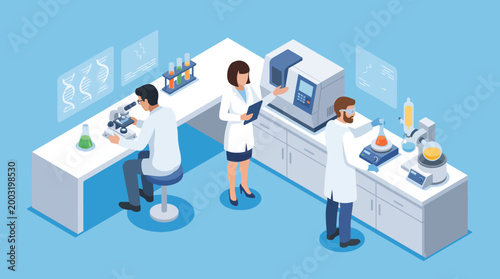 This image illustrates a modern laboratory where scientists conduct research, showcasing advanced technology, teamwork, and innovative solutions in the field of science and discovery.