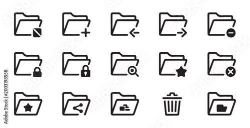 Data management folder icon set featuring search lock share star and trash bin outline illustrations.