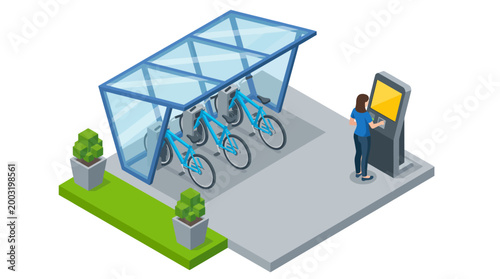 A scenic view of a public bike rental station with users engaged in renting bikes, showcasing eco-friendly transportation and urban mobility solutions.