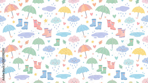 Cute rainy day seamless pattern with umbrellas, boots, clouds, and puddles