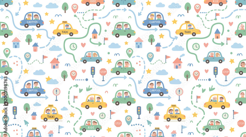 Obraz premium Cute Flat Cartoon Cars and City Navigation Map Seamless Pattern for Kids Transportation