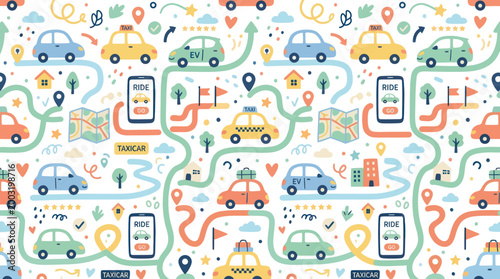Seamless Pattern of Cute Electric Cars and Ride-Sharing Icons in Flat Style