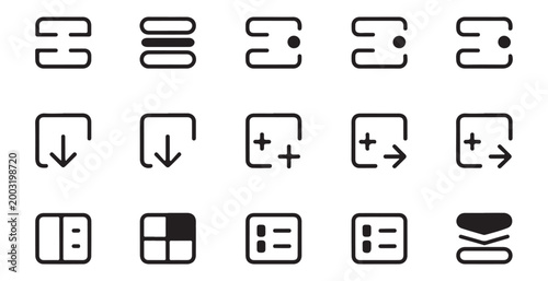 Interface layout icon set including grid list download add and window split view linear illustrations.