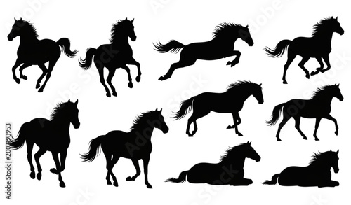 Cuadro en lienzo Black horse silhouette collection with galloping and jumping poses vector set