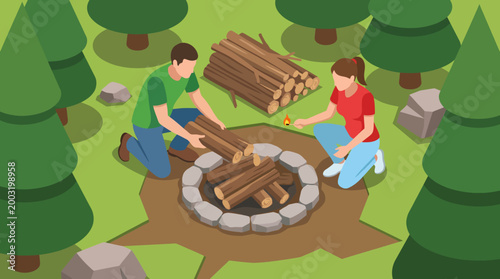 A couple working together to build a campfire in a serene forest, symbolizing teamwork, adventure, and the joy of outdoor experiences amidst nature's beauty.