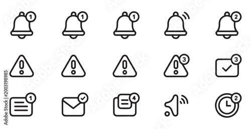 Notification icons collection bells messages alerts with numbers checkmarks warnings clock and sound waves on grey.