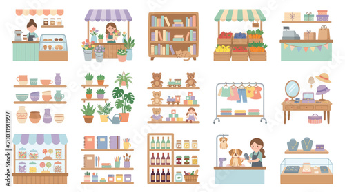 Flat Style Vector Set of Small Shops and Market Stalls