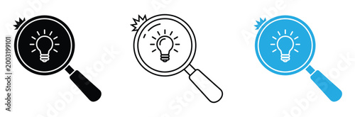 Magnifying glass with light bulb icon set for business and education concepts