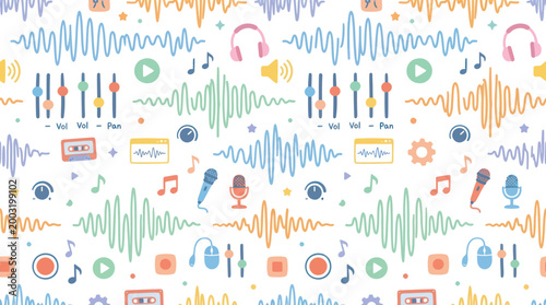 Seamless Pattern of Audio Waveforms, Music Icons, and DJ Controls in Flat Style