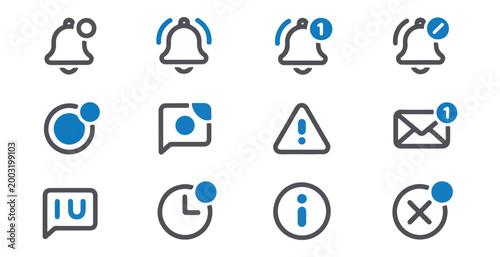 Set of UI alert notification icons featuring bells envelopes and warning symbols for modern interface.