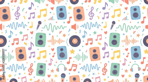 Cute Musical Pattern with Speakers, Notes, and Microphones - Flat Style
