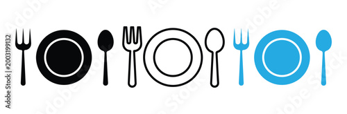 Variety of plate and cutlery icons in black and blue for restaurant or food service design