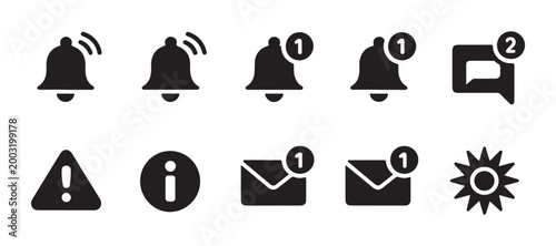 Set of notification icons featuring bells envelopes and alert symbols for digital platform dashboard.