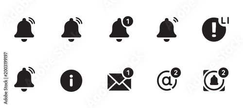 Graphic collection of various notification icons featuring bells envelopes and alert signs for system.