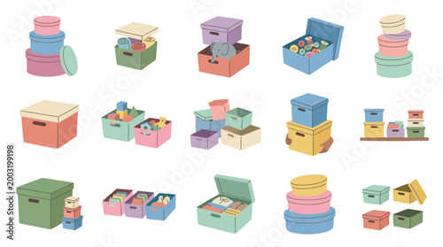 Home Organization Storage Boxes Flat Vector Illustration Set for Tidying and Moving