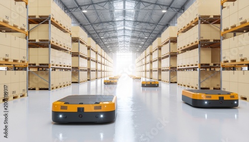Autonomous Mobile Robots Carrying Shelves in Modern Warehouse