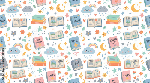 Cute Flat Cartoon Children's Literature Books Seamless Pattern - Whimsical Storytelling Vector Background