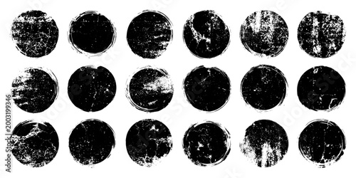 Grunge circles with stains and scratches. Circle brush stroke, round shape design element. Distressed dirty text frame, border, sticker or label. Paintbrush, ink stains. Vector illustration