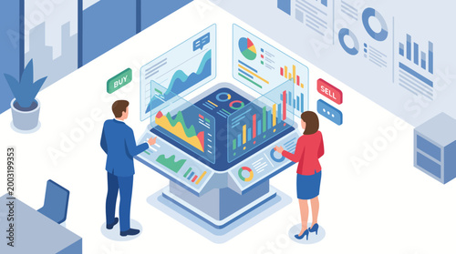 Two professionals analyze stock market trends and data on a modern interactive display, showcasing their collaborative approach to trading and investing strategies.
