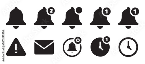 Notification icon set. bell, message, mail, alarm, clock, alert, email, and time symbols.