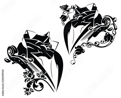 classical string instrument musician wearing elegant retro style clothing among rose flowers decor - black and white musical inspiration concept vector design set