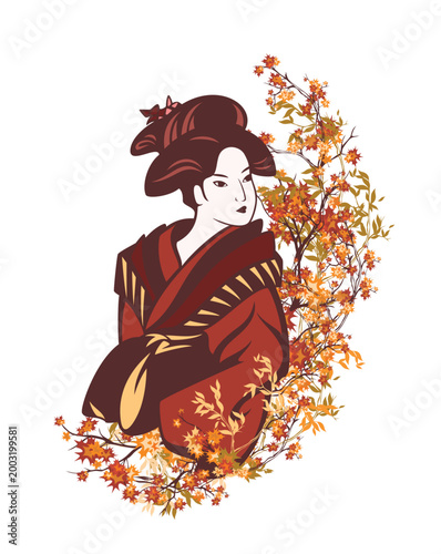 beautiful japanese geisha woman wearing traditional kimono among colorful maple tree branches with autumn foliage forming decorative border - bright asian fall season garden portrait vector