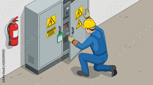 A skilled electrician in protective gear is inspecting and working on a complex electrical panel, emphasizing safety protocols and the importance of electrical systems.