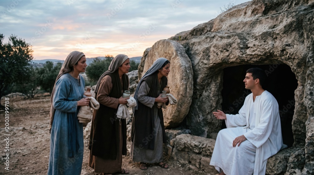 Fototapeta premium Three women visiting the empty tomb of Jesus Christ. Biblical scene depicting Mary Magdalene and two women finding an angel at the cave. Resurrection of Christ, Easter gospel story.