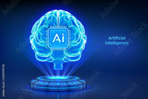 Digital brain. Holographic brain with AI chip. Artificial Intelligence technology concept. Neural network. Holographic platform with glowing rays forming a projection of brain. Vector illustration.