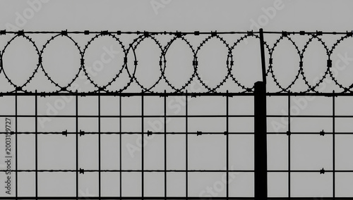 Barbed Wire and Security Fence: A close-up view of a security fence topped with coiled razor wire, conveying a sense of boundaries, restriction, and vigilance.