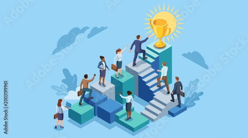 Individuals climbing stairs towards a shining trophy, representing the journey to success through hard work, perseverance, and teamwork in a professional environment.