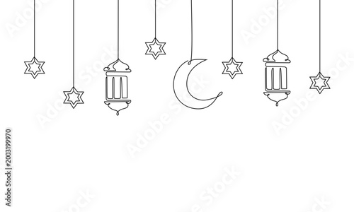 Ramadan kareem lantern in one continuous line drawing. Islamic garlang decoration with lantern, star and moon eps 10