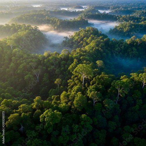 Breathtaking aerial view of a misty tropical rainforest canopy at sunrise. Golden light hits lush green trees and fog in this majestic jungle landscape. Ideal for nature and conservation themes.