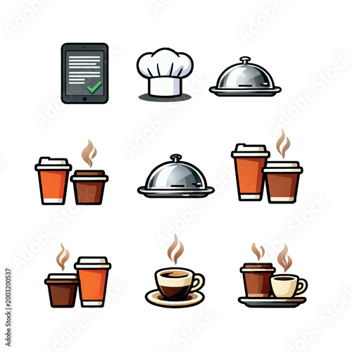 Restaurant and cafe icon set, 9 vector food service symbols, chef hat and cloche dish illustrations, coffee cups and digital menu tablet graphics