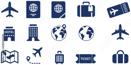 Travel booking and tourism icons collection, international trip concept vector set with plane, luggage, boarding pass, world map, hotel, location pin, and suitcase icons, clean modern UI style.