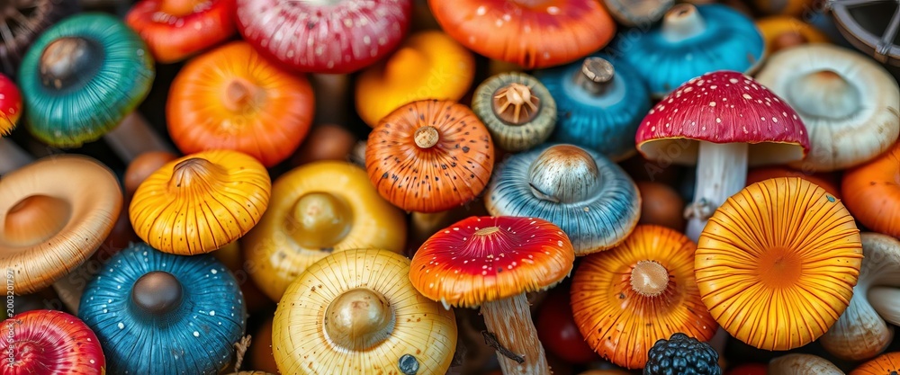 Fototapeta premium A colorful assortment of various mushrooms, close-up view, harvest, autumn