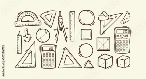 Hand Drawn Geometry and Math Tools Doodle Icon Set with Ruler Calculator Compass and Shapes Vector